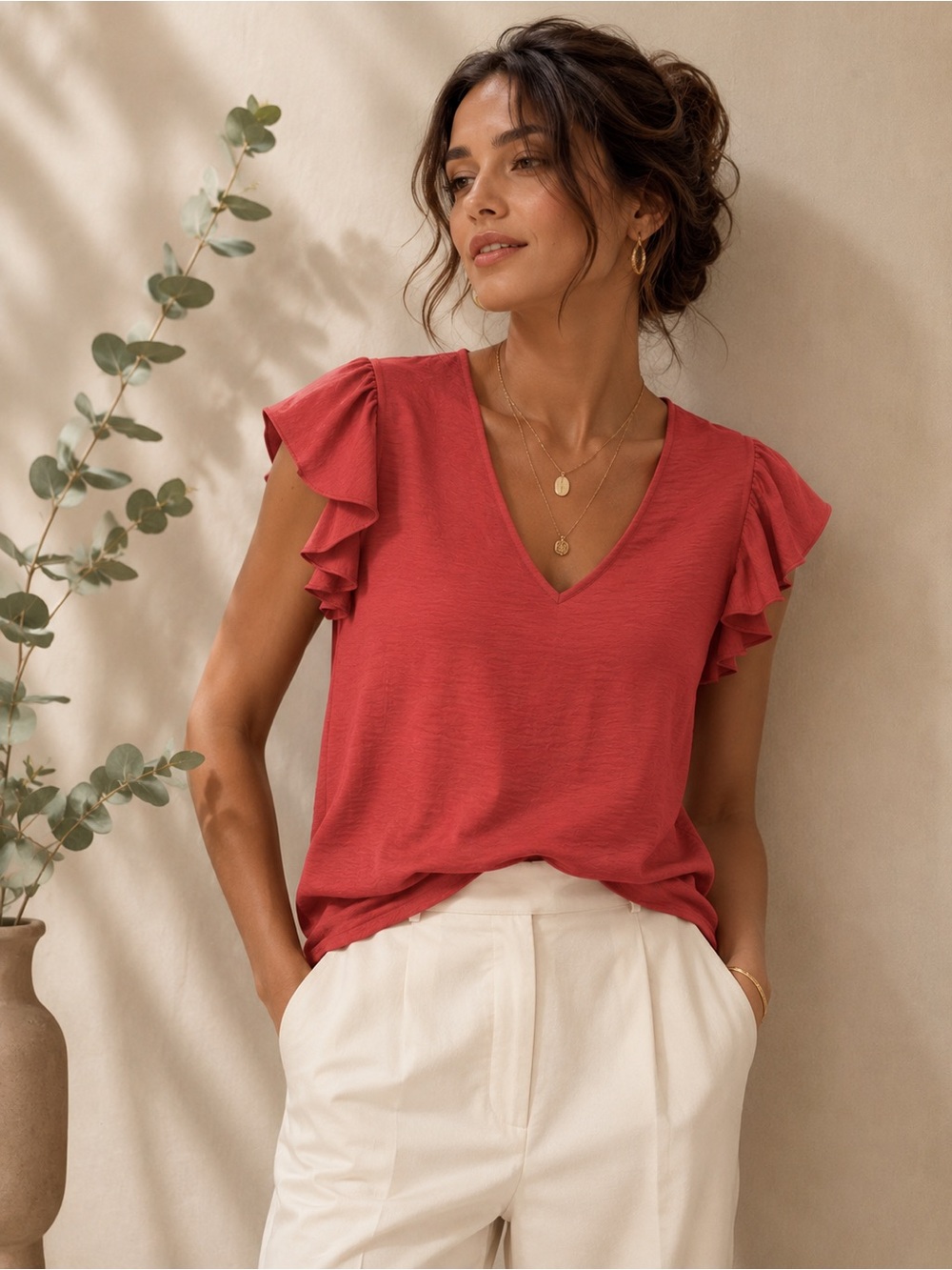 Adrianna Papell Ruffle Sleeve V-Neck Top - Coral Red - Picture 2 of 3